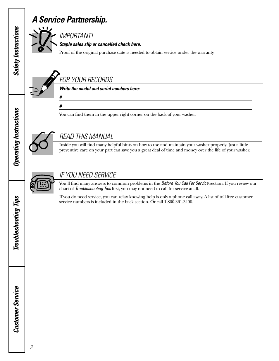 A service partnership, For your records, Read this manual if you need service | Important | GE WBSE6210 User Manual | Page 2 / 18