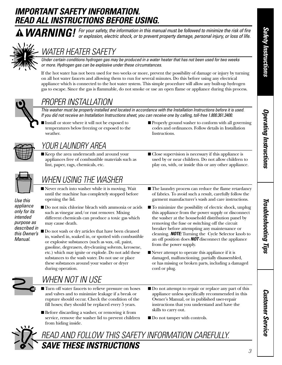 Safety information, Warning, Water heater safety | Proper installation, Your laundry area, When using the washer | GE WBSE6210 User Manual | Page 3 / 18