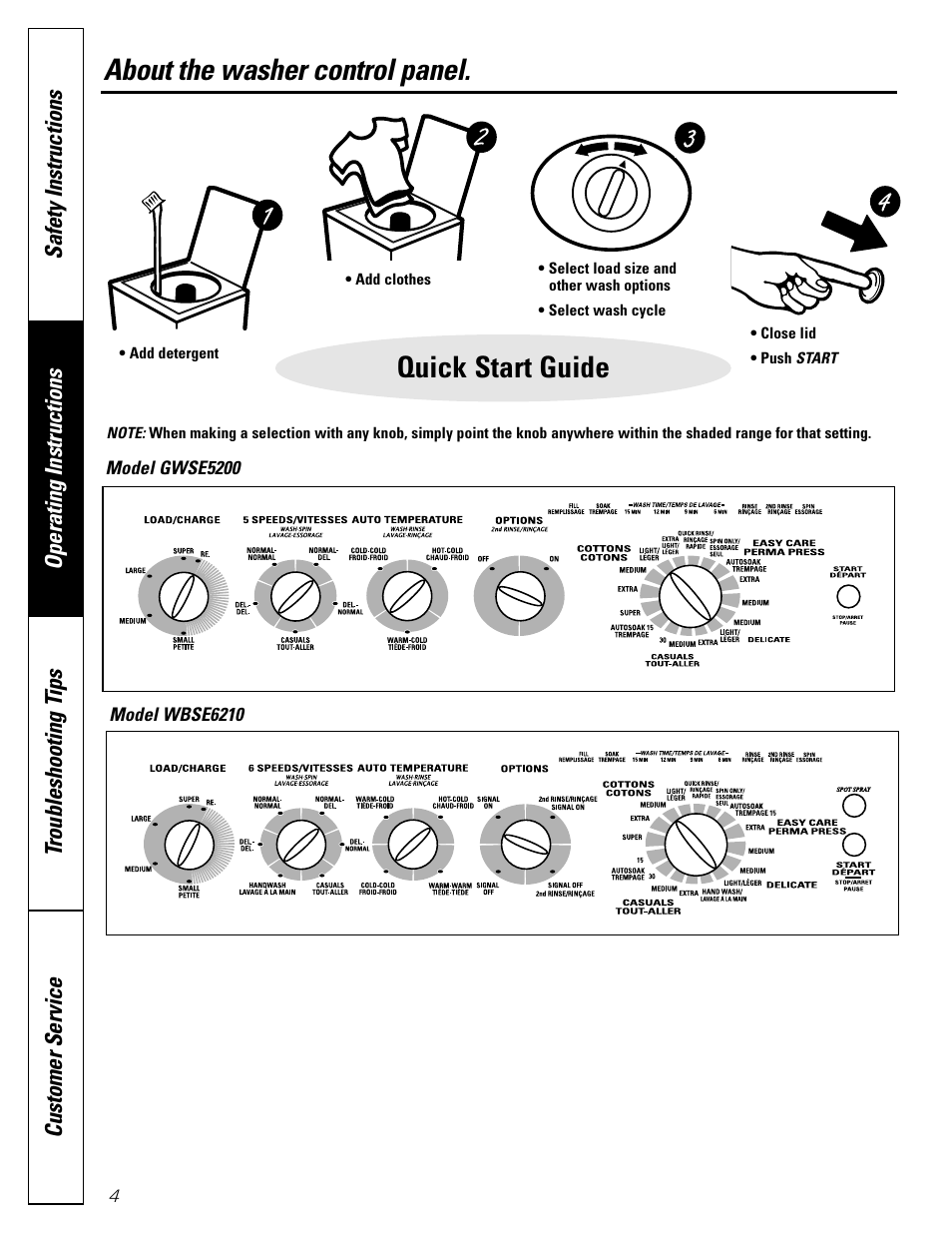Control panels and settings, Control panels and settings –6, About the washer control panel | Quick start guide | GE WBSE6210 User Manual | Page 4 / 18