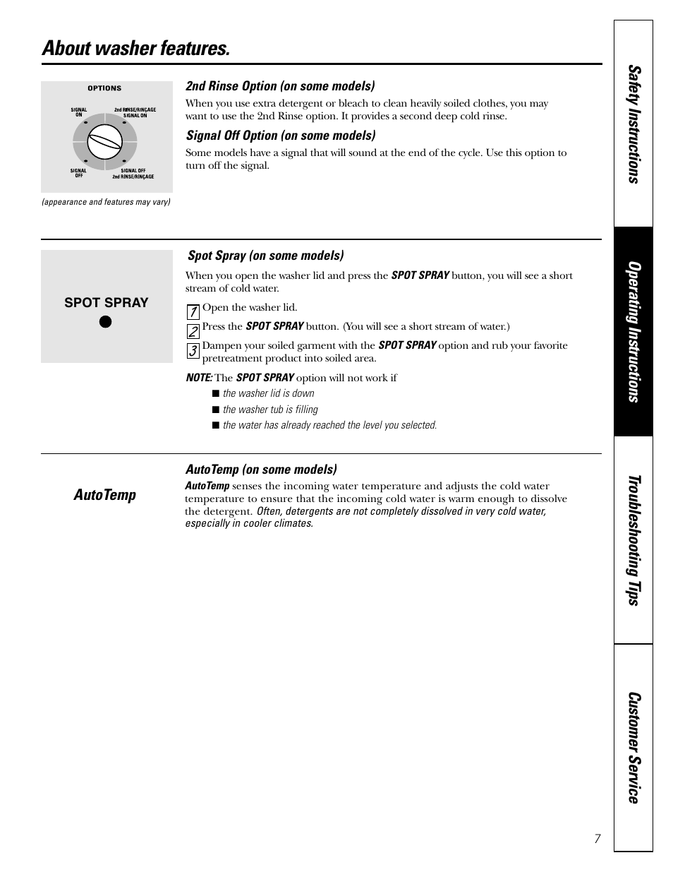 Features, Features , 8, About washer features | GE WBSE6210 User Manual | Page 7 / 18