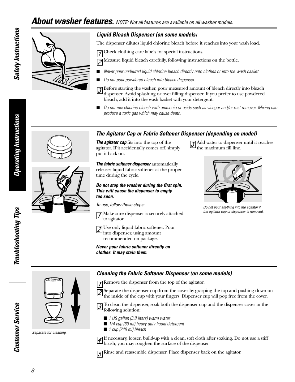 About washer features | GE WBSE6210 User Manual | Page 8 / 18