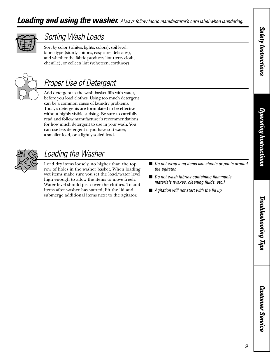 Loading and using the washer, Loading and using the washer –12, Sorting wash loads proper use of detergent | Loading the washer | GE WBSE6210 User Manual | Page 9 / 18