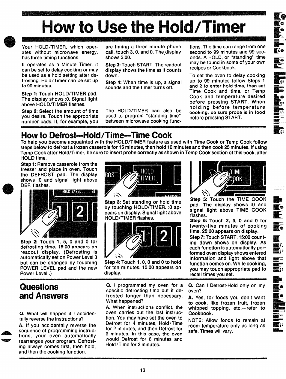 How to use the hold/timer, How to defrost—hold/time—time cook, Questions and answers | GE 49-4562 User Manual | Page 13 / 23