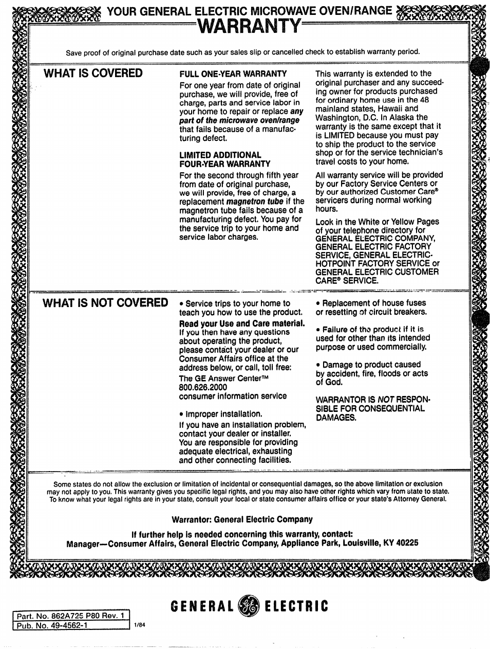 Warranty | GE 49-4562 User Manual | Page 23 / 23