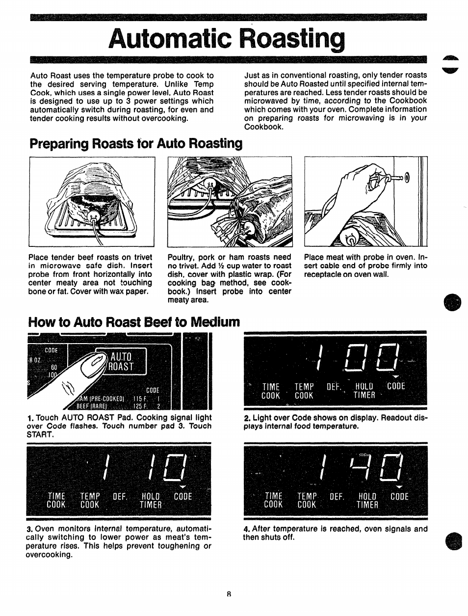 Automatic koasting, Preparing roasts for auto roasting, How to auto roast beef to medium | GE 49-4562 User Manual | Page 8 / 23