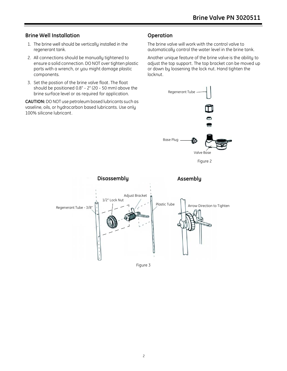 Brine well installation, Operation, Disassembly assembly | GE 3020511 User Manual | Page 2 / 4