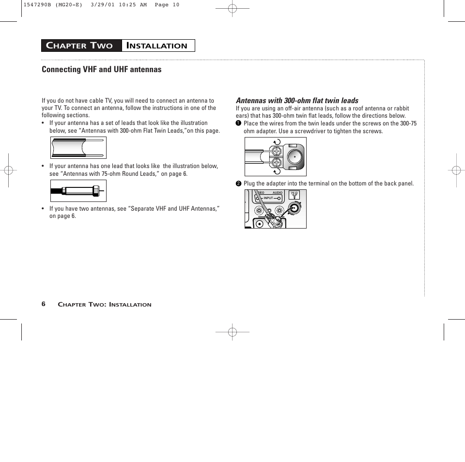Connecting vhf and uhf antennas, Antennas with 300-ohm flat twin leads | GE MG13400 User Manual | Page 10 / 32