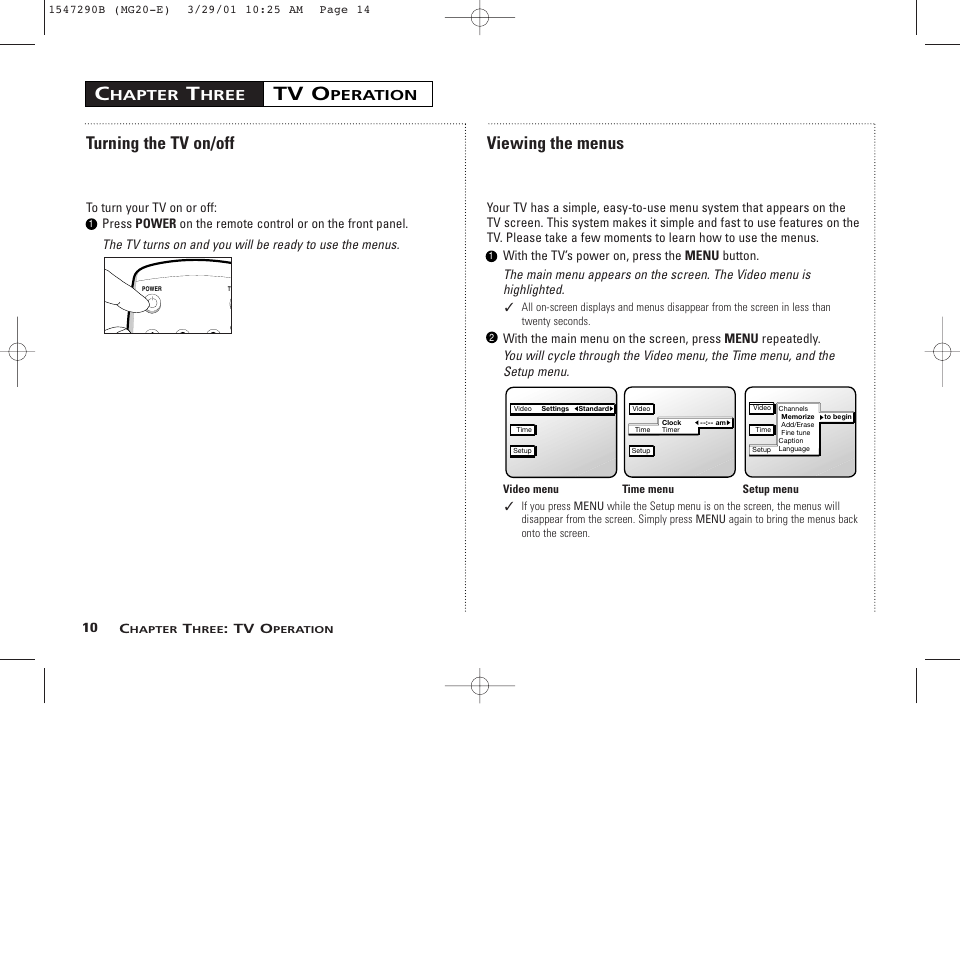 Turning the tv on/off, Viewing the menus, Hapter | Hree, Peration, 10 c, Tv o | GE MG13400 User Manual | Page 14 / 32