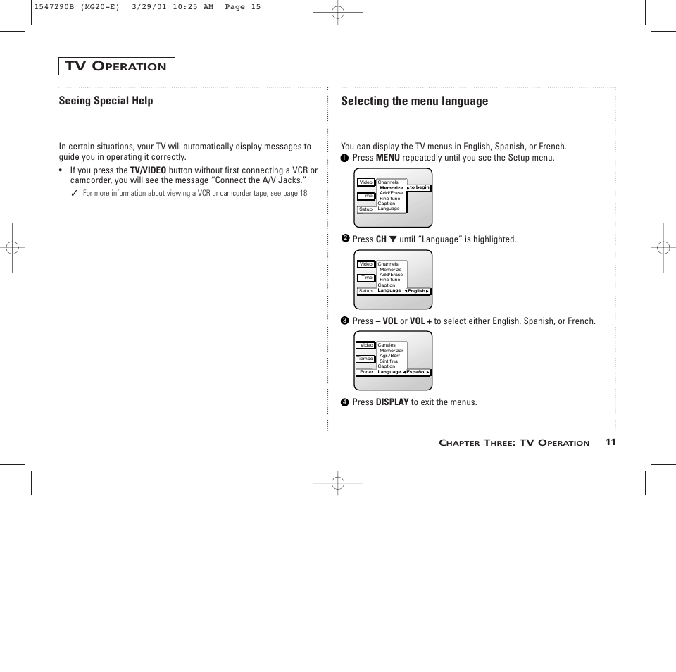 Selecting the menu language, Seeing special help, Peration | 11 c, Tv o | GE MG13400 User Manual | Page 15 / 32