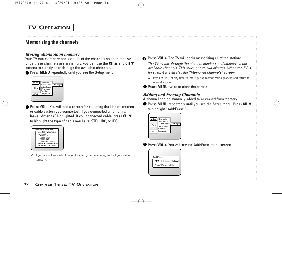 Tv o, Adding and erasing channels, Peration | 4press menu twice to clear the screen, 12 c | GE MG13400 User Manual | Page 16 / 32