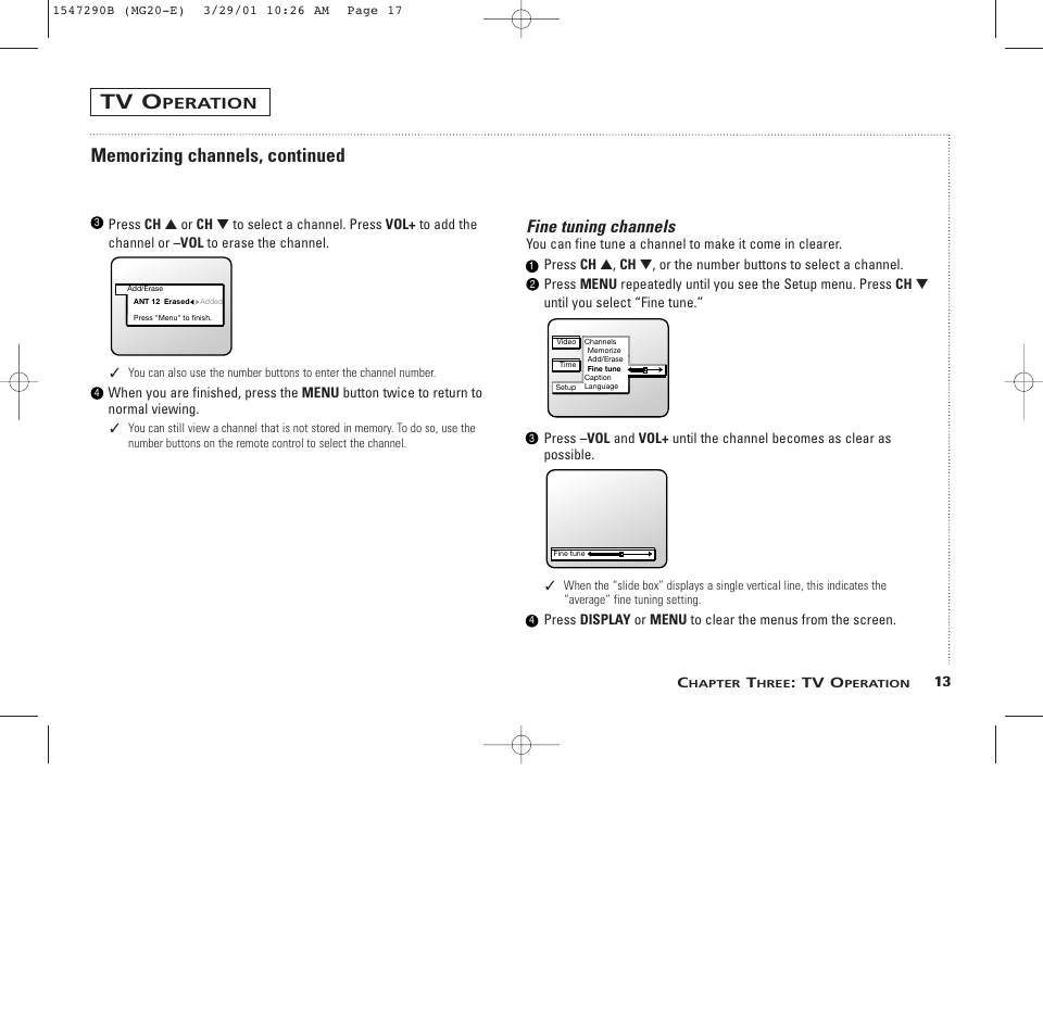 Tv o, Fine tuning channels, Peration | GE MG13400 User Manual | Page 17 / 32