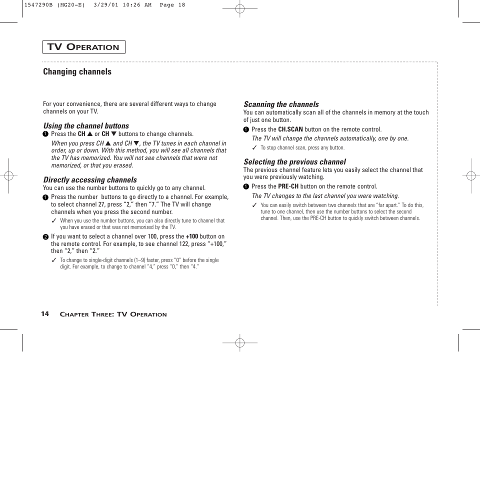 Tv o, Changing channels | GE MG13400 User Manual | Page 18 / 32