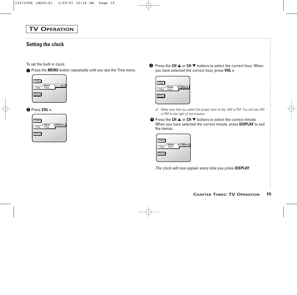 Setting the clock, Peration, 15 c | Tv o | GE MG13400 User Manual | Page 19 / 32