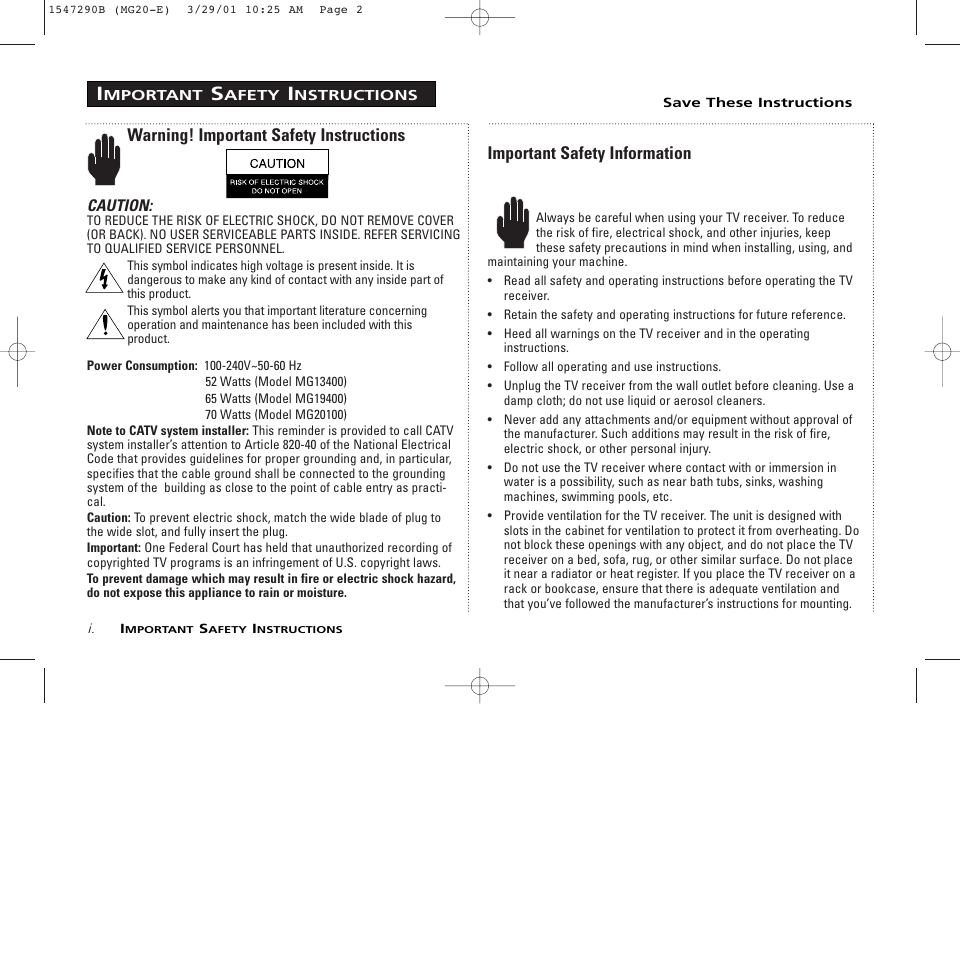 Warning! important safety instructions, Important safety information | GE MG13400 User Manual | Page 2 / 32