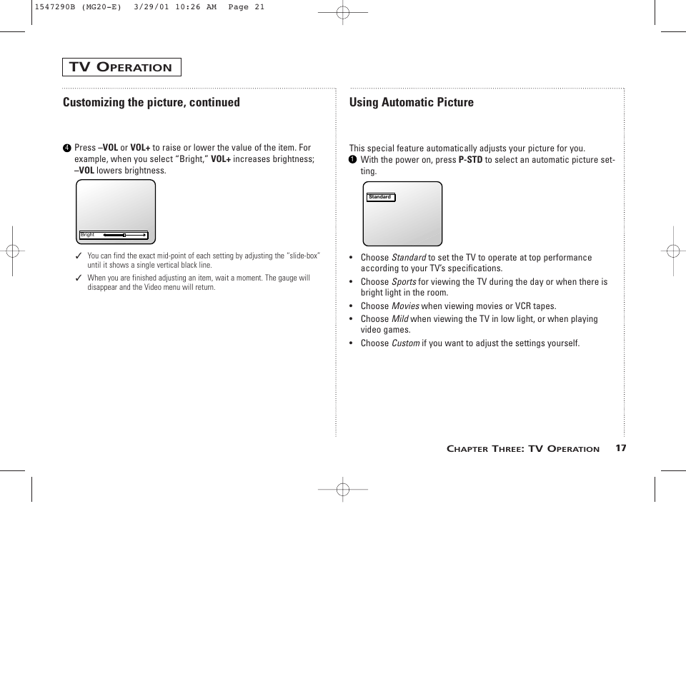 Tv o, Customizing the picture, continued, Using automatic picture | GE MG13400 User Manual | Page 21 / 32