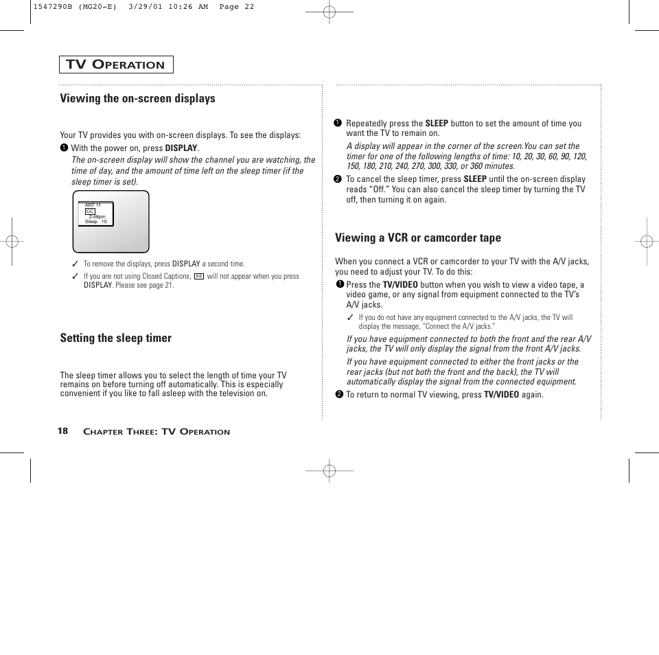 Tv o, Viewing the on-screen displays, Setting the sleep timer | Viewing a vcr or camcorder tape | GE MG13400 User Manual | Page 22 / 32