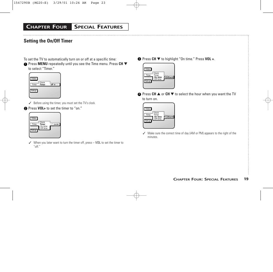 Setting the on/off timer, Hapter, Pecial | Eatures, 2press vol+ to set the timer to “on, 19 c | GE MG13400 User Manual | Page 23 / 32