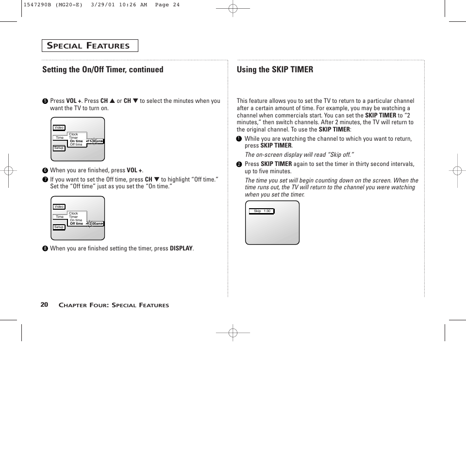 Setting the on/off timer, continued, Using the skip timer, Pecial | Eatures | GE MG13400 User Manual | Page 24 / 32