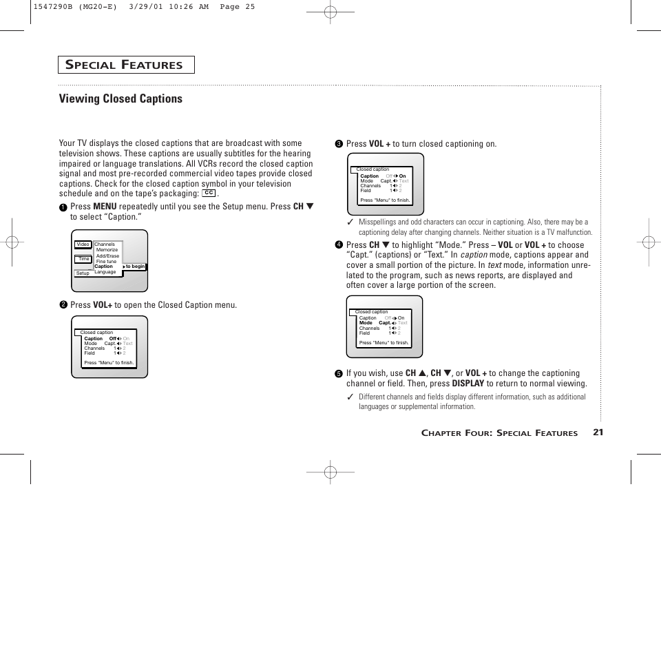 Viewing closed captions, Pecial, Eatures | 21 c | GE MG13400 User Manual | Page 25 / 32
