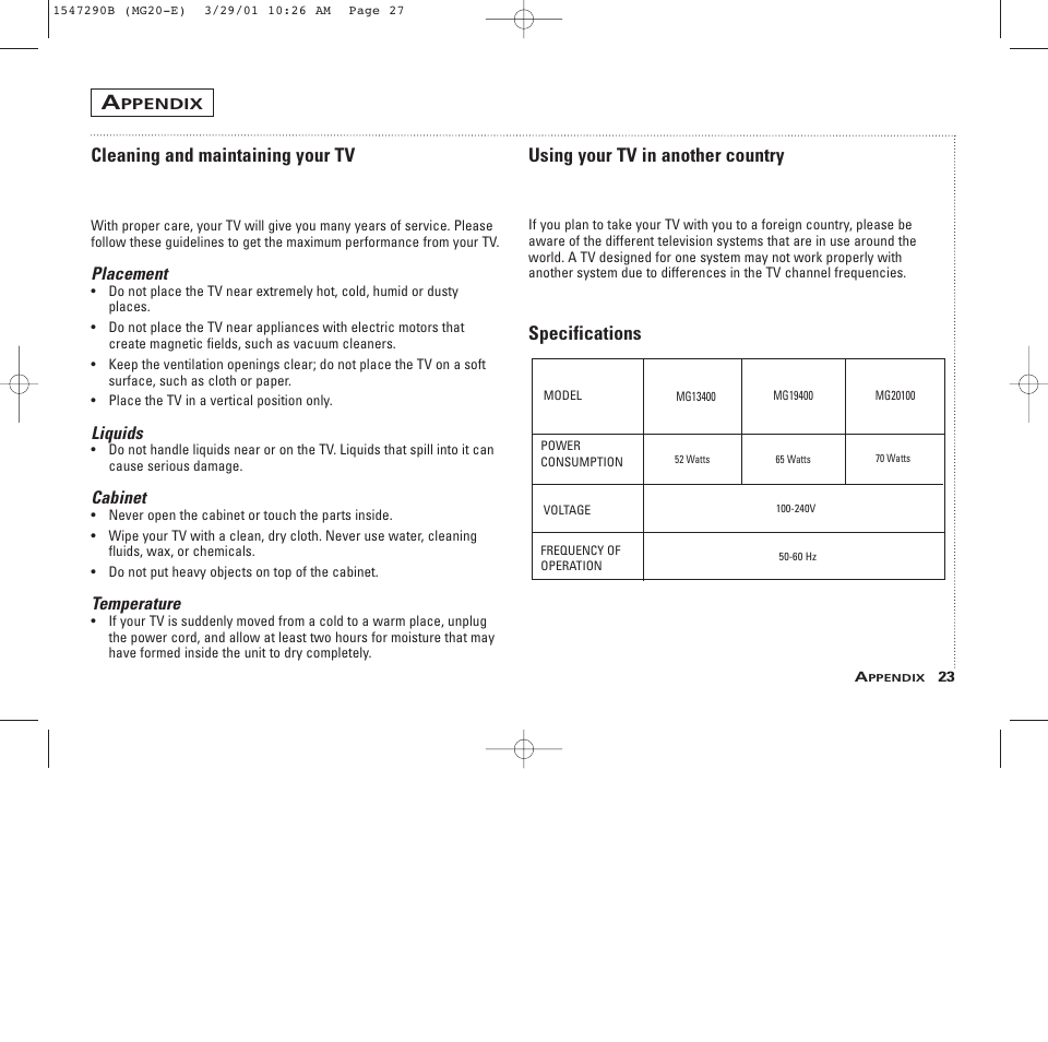 Cleaning and maintaining your tv, Using your tv in another country, Specifications | GE MG13400 User Manual | Page 27 / 32