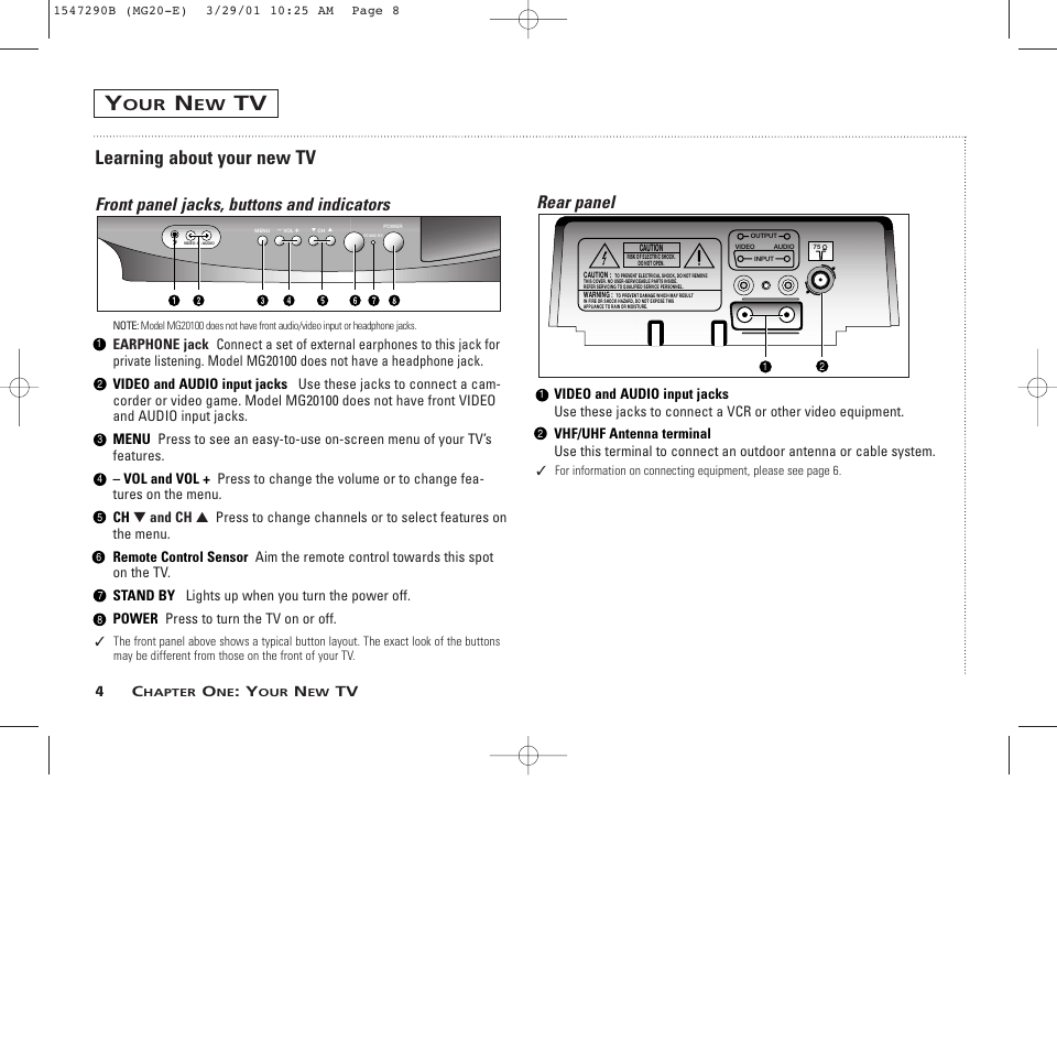 Learning about your new tv, Front panel jacks, buttons and indicators, Rear panel | GE MG13400 User Manual | Page 8 / 32