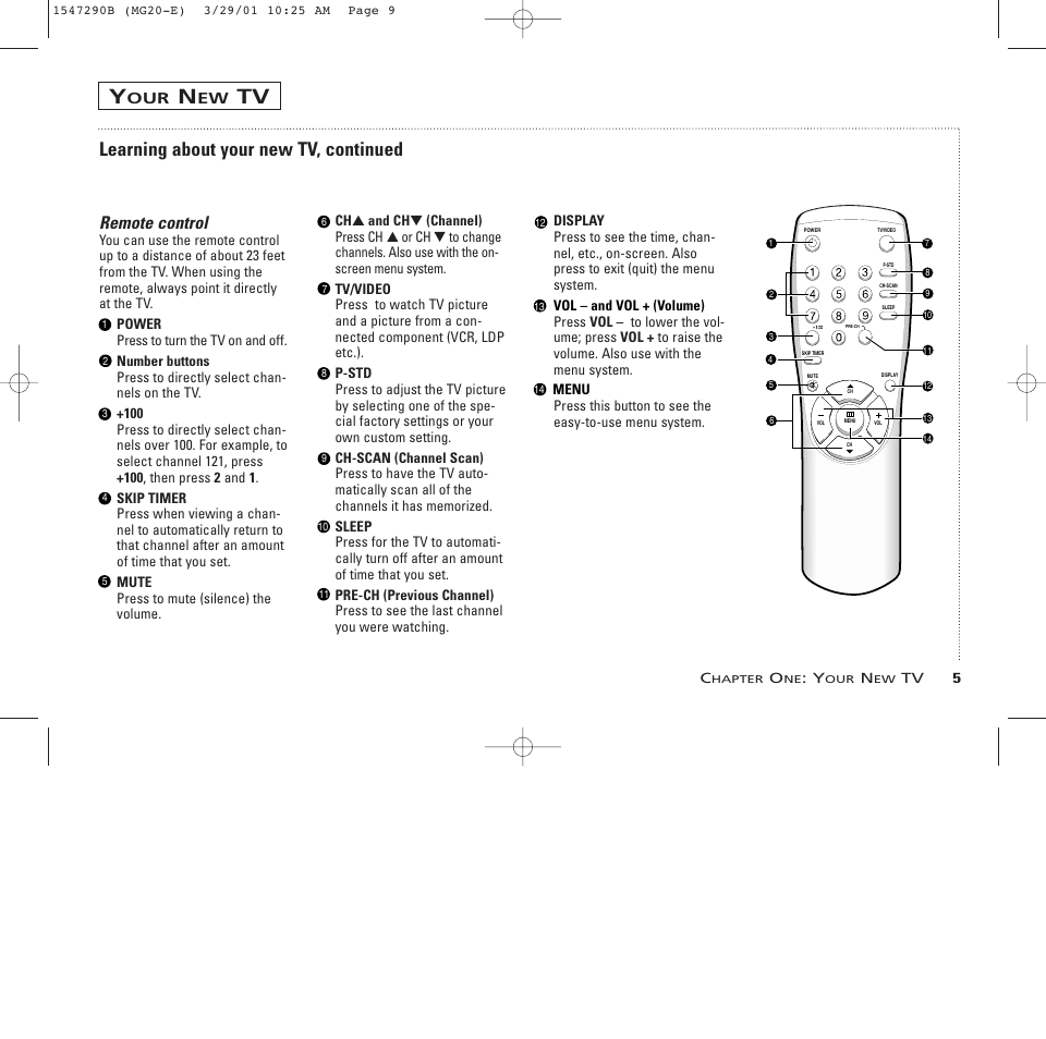 Learning about your new tv, continued, Remote control | GE MG13400 User Manual | Page 9 / 32