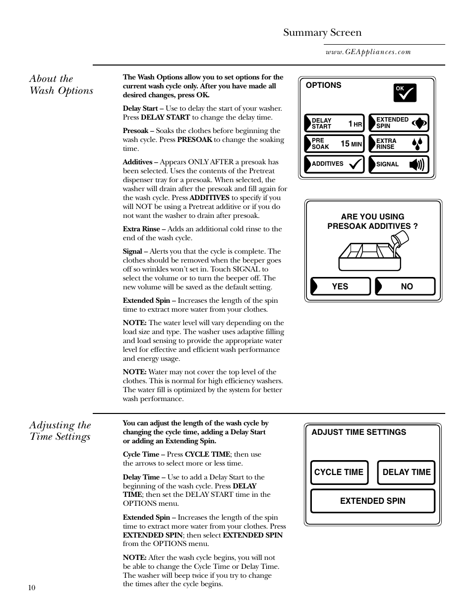 Summary screen, About the wash options, Adjusting the time settings | GE Dryer User Manual | Page 10 / 68