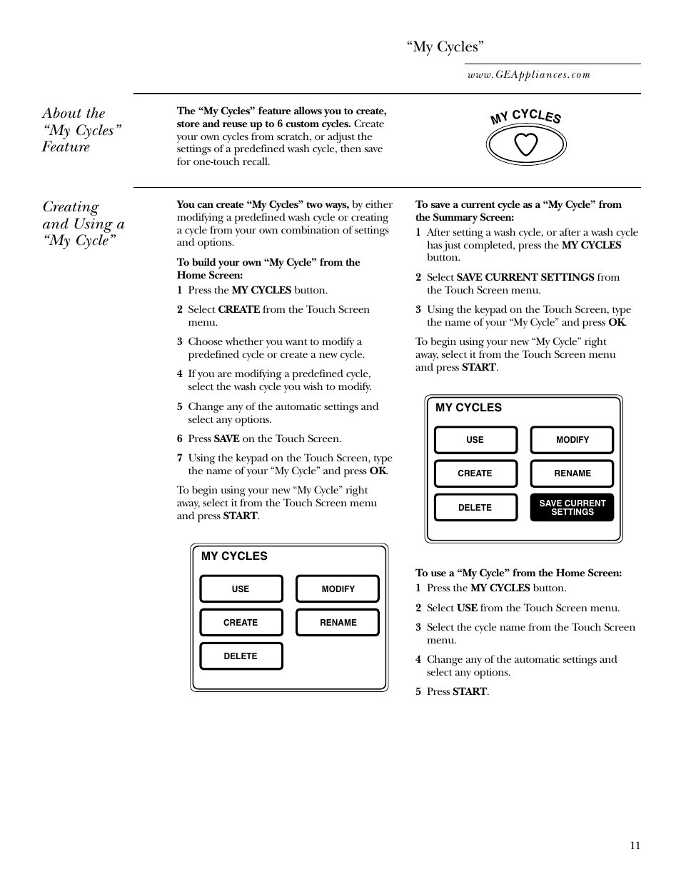 My cycles” feature, My cycles” feature , 12, My cycles | About the “my cycles” feature, Creating and using a “my cycle | GE Dryer User Manual | Page 11 / 68