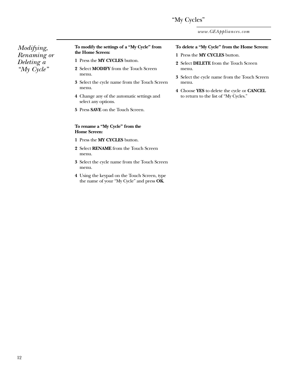 My cycles, Modifying, renaming or deleting a “my cycle | GE Dryer User Manual | Page 12 / 68