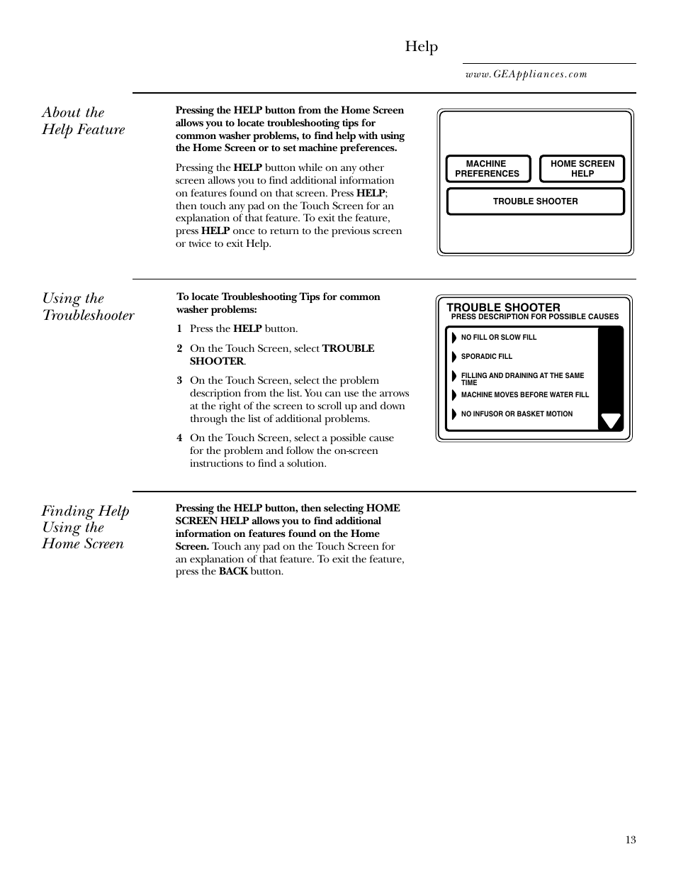 Help feature, Troubleshooter, Help feature , 14 troubleshooter | Help, About the help feature, Using the troubleshooter, Finding help using the home screen | GE Dryer User Manual | Page 13 / 68