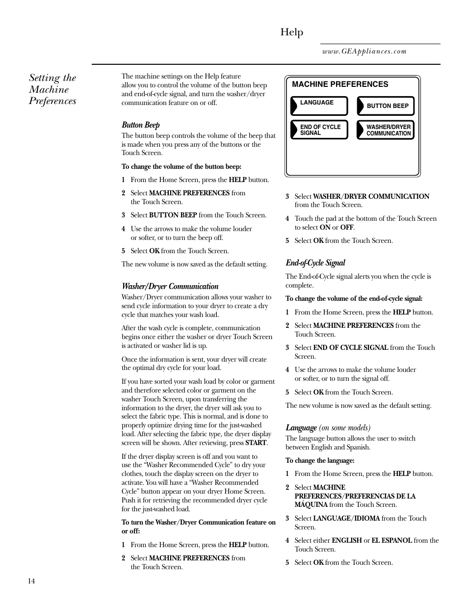 Help, Setting the machine preferences | GE Dryer User Manual | Page 14 / 68