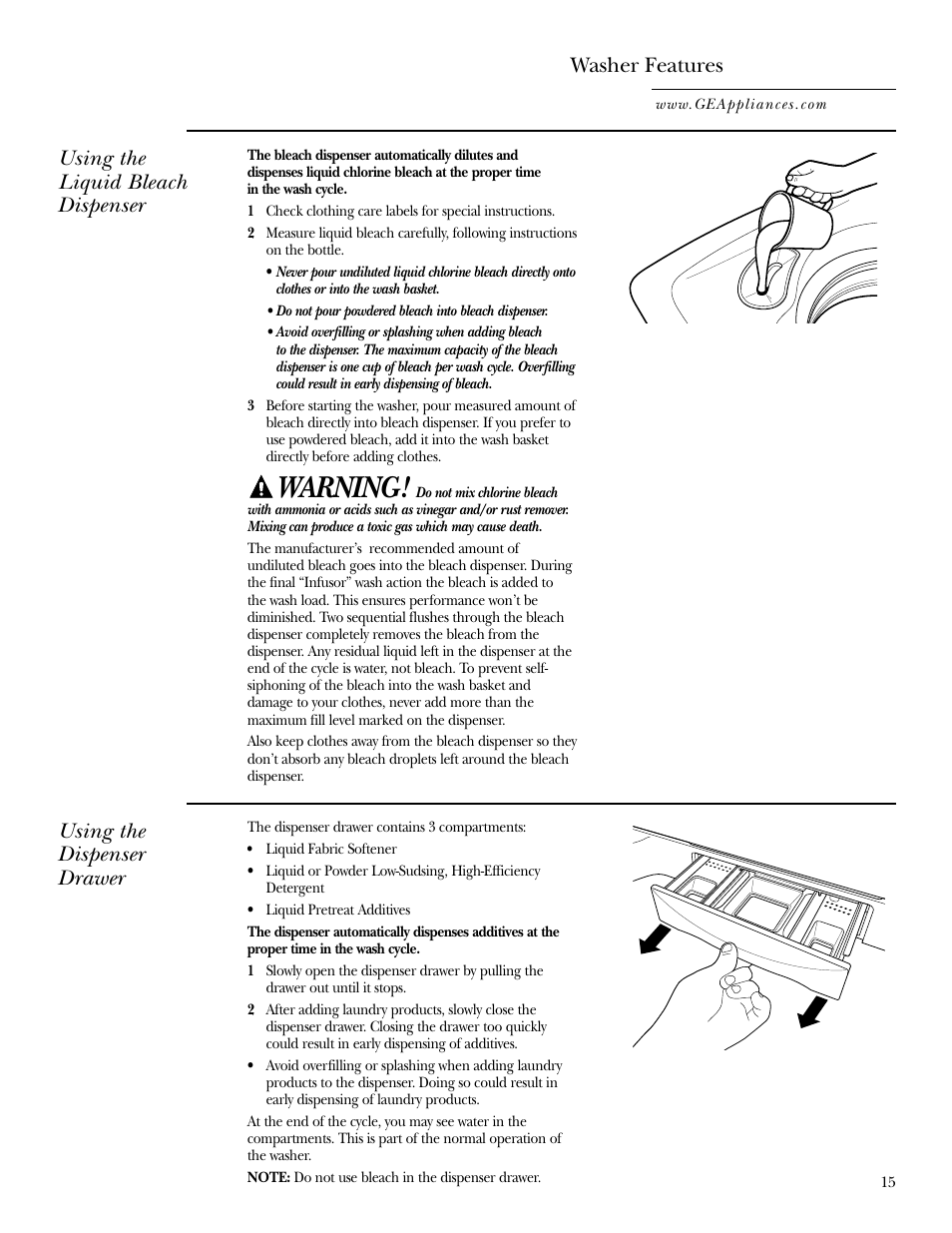 Other features, Other features , 16, Warning | Washer features, Using the liquid bleach dispenser, Using the dispenser drawer | GE Dryer User Manual | Page 15 / 68