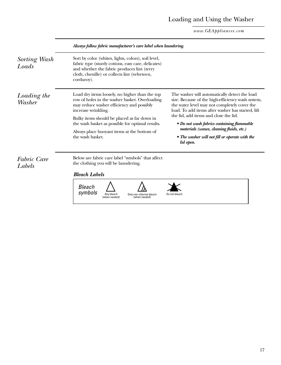 Loading and using the washer, Loading and using the washer , 18, Sorting wash loads | Loading the washer, Fabric care labels, Bleach symbols | GE Dryer User Manual | Page 17 / 68