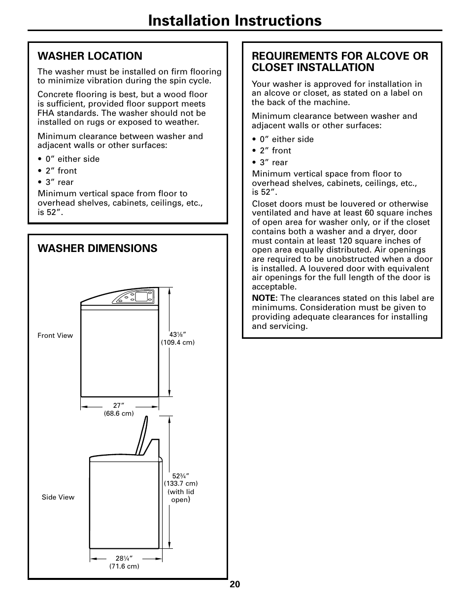 Installation instructions, Washer location, Washer dimensions | Requirements for alcove or closet installation | GE Dryer User Manual | Page 20 / 68