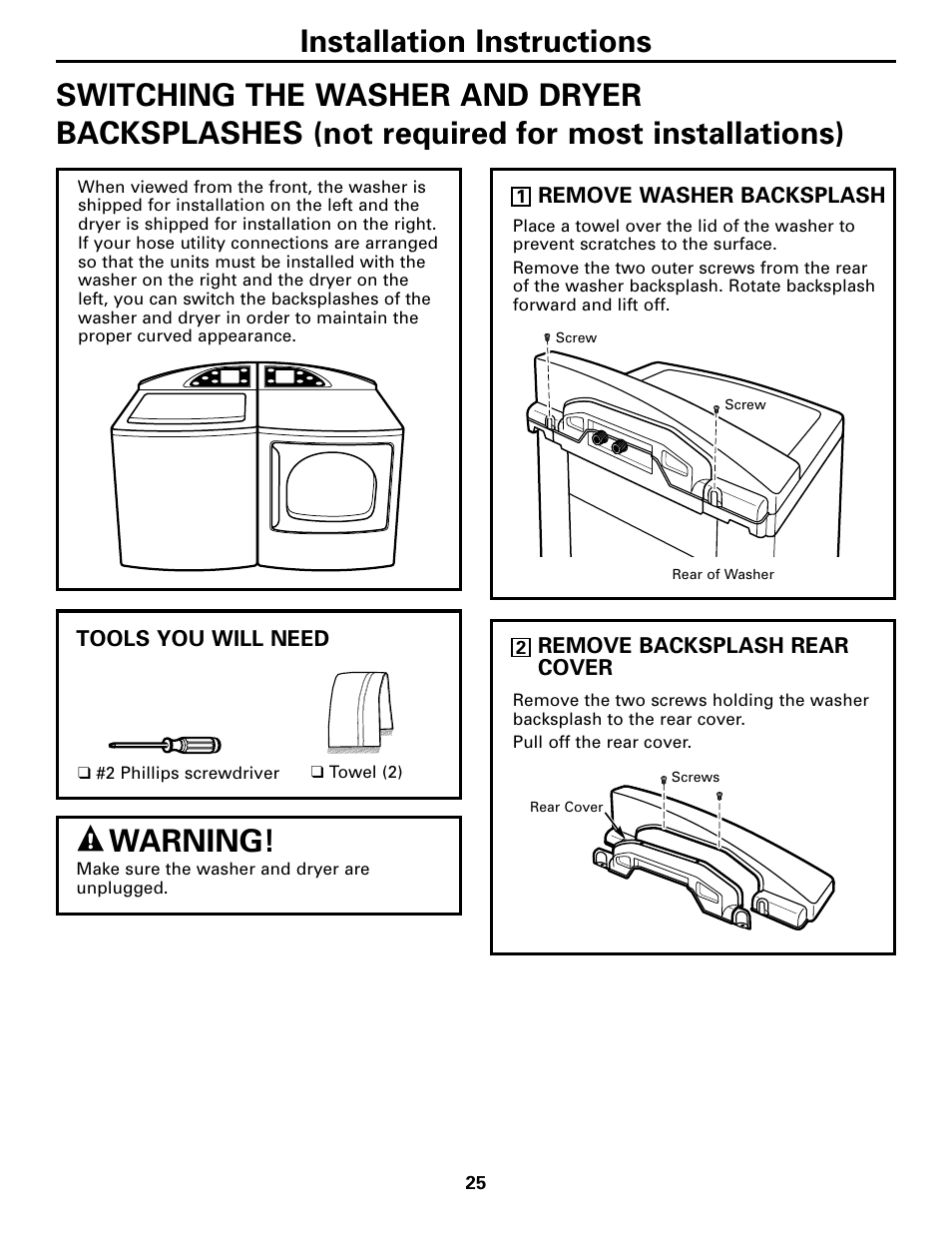 Switching the washer and dryer backsplashes, Switching the washer and dryer backsplashes –28, Warning | GE Dryer User Manual | Page 25 / 68