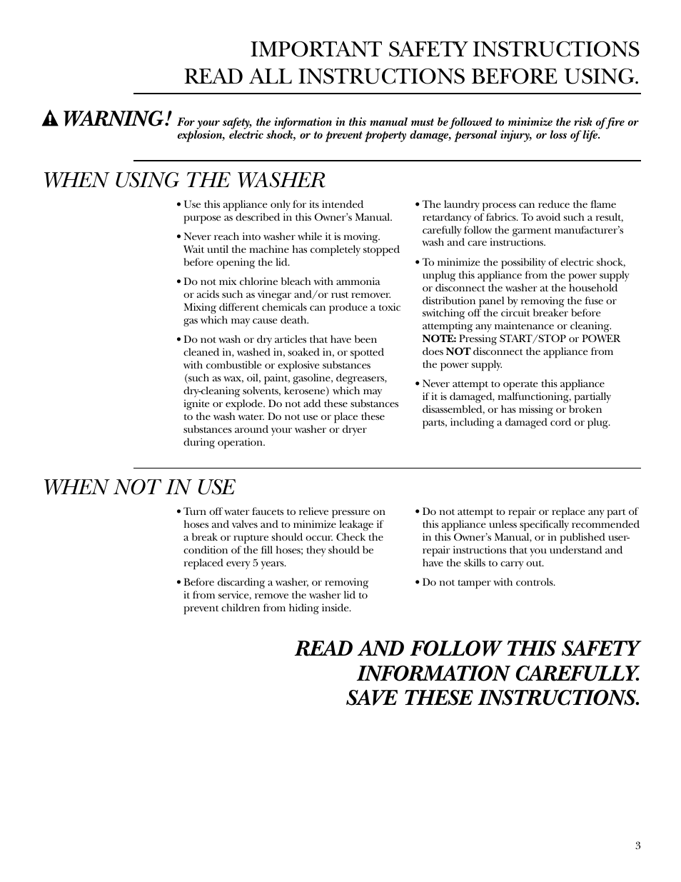 Warning | GE Dryer User Manual | Page 3 / 68