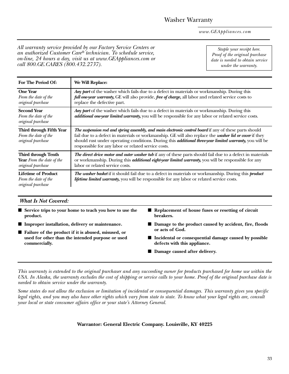 Warranty, Washer warranty | GE Dryer User Manual | Page 33 / 68
