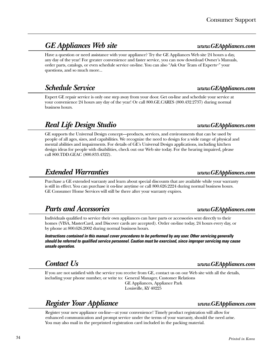 Consumer support, Ge appliances web site, Schedule service | Real life design studio, Extended warranties, Parts and accessories, Contact us, Register your appliance | GE Dryer User Manual | Page 34 / 68