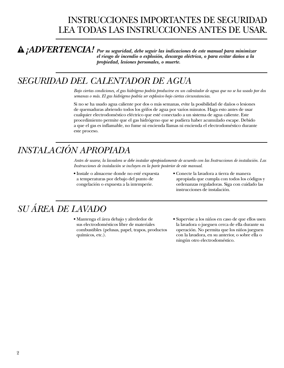 Instrucciones de seguridad, Seguridad del calentador de agua, Advertencia | Su área de lavado | GE Dryer User Manual | Page 36 / 68