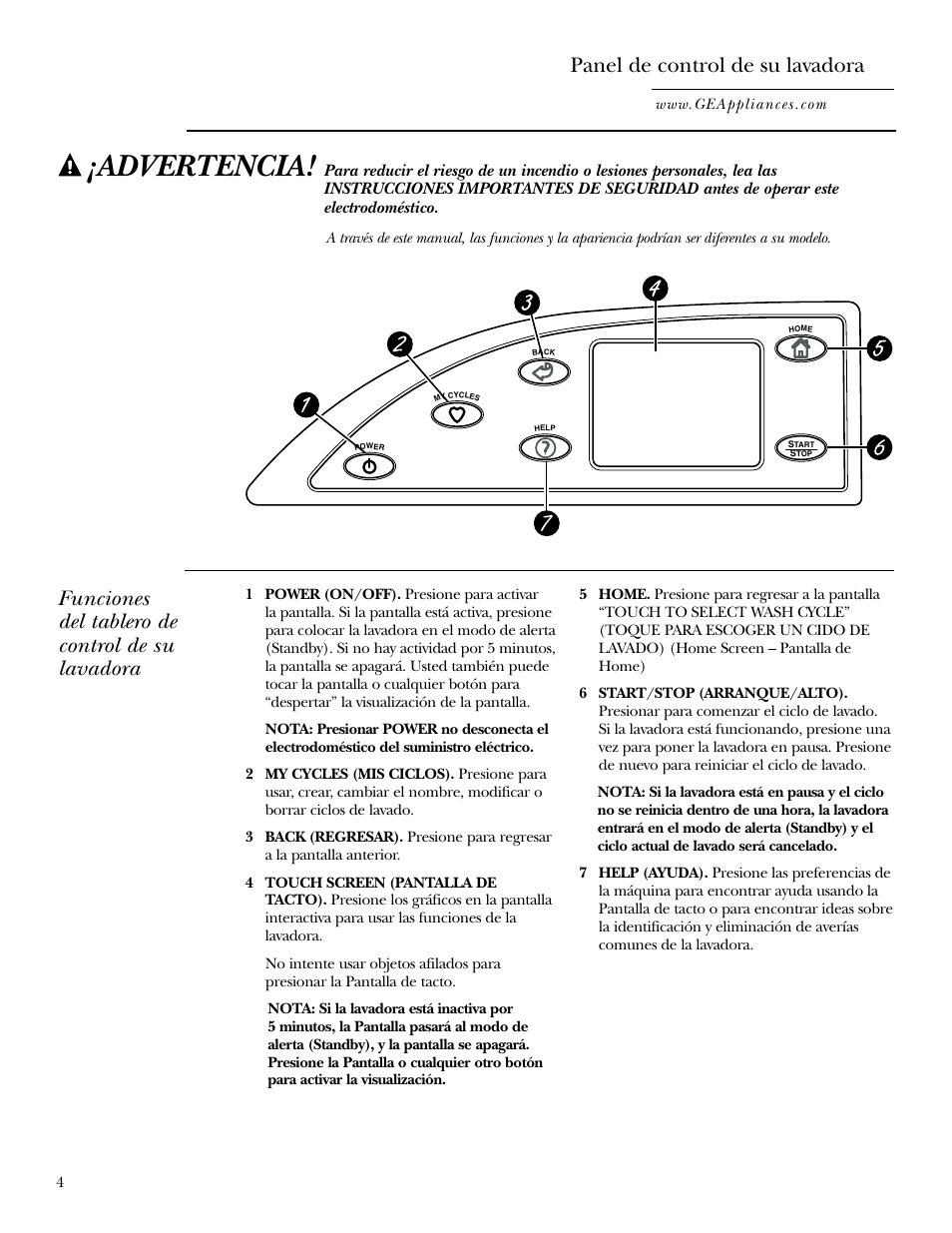 Controles, Advertencia, Panel de control de su lavadora | Funciones del tablero de control de su lavadora | GE Dryer User Manual | Page 38 / 68