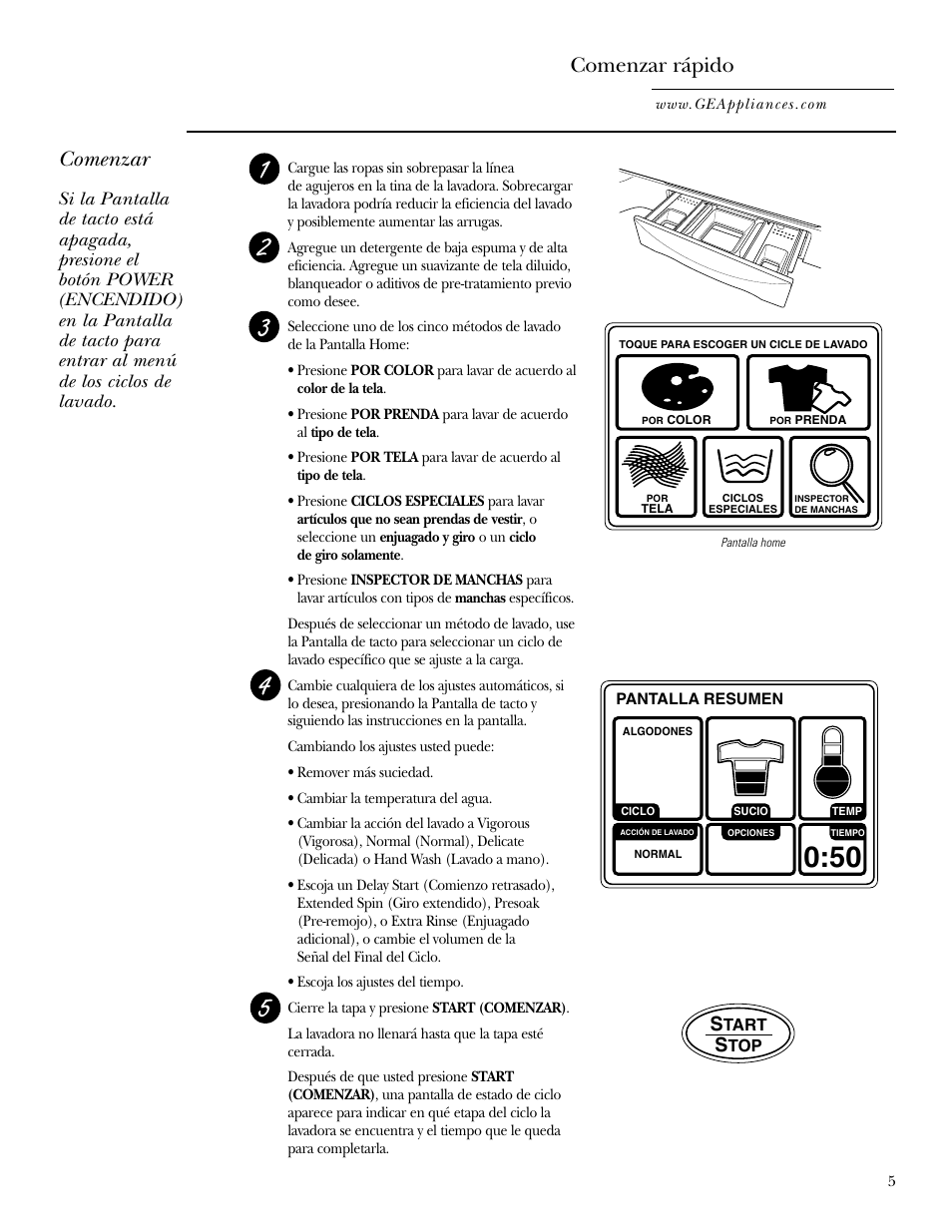 Función de comienzo rápido, Comenzar rápido, Comenzar | GE Dryer User Manual | Page 39 / 68