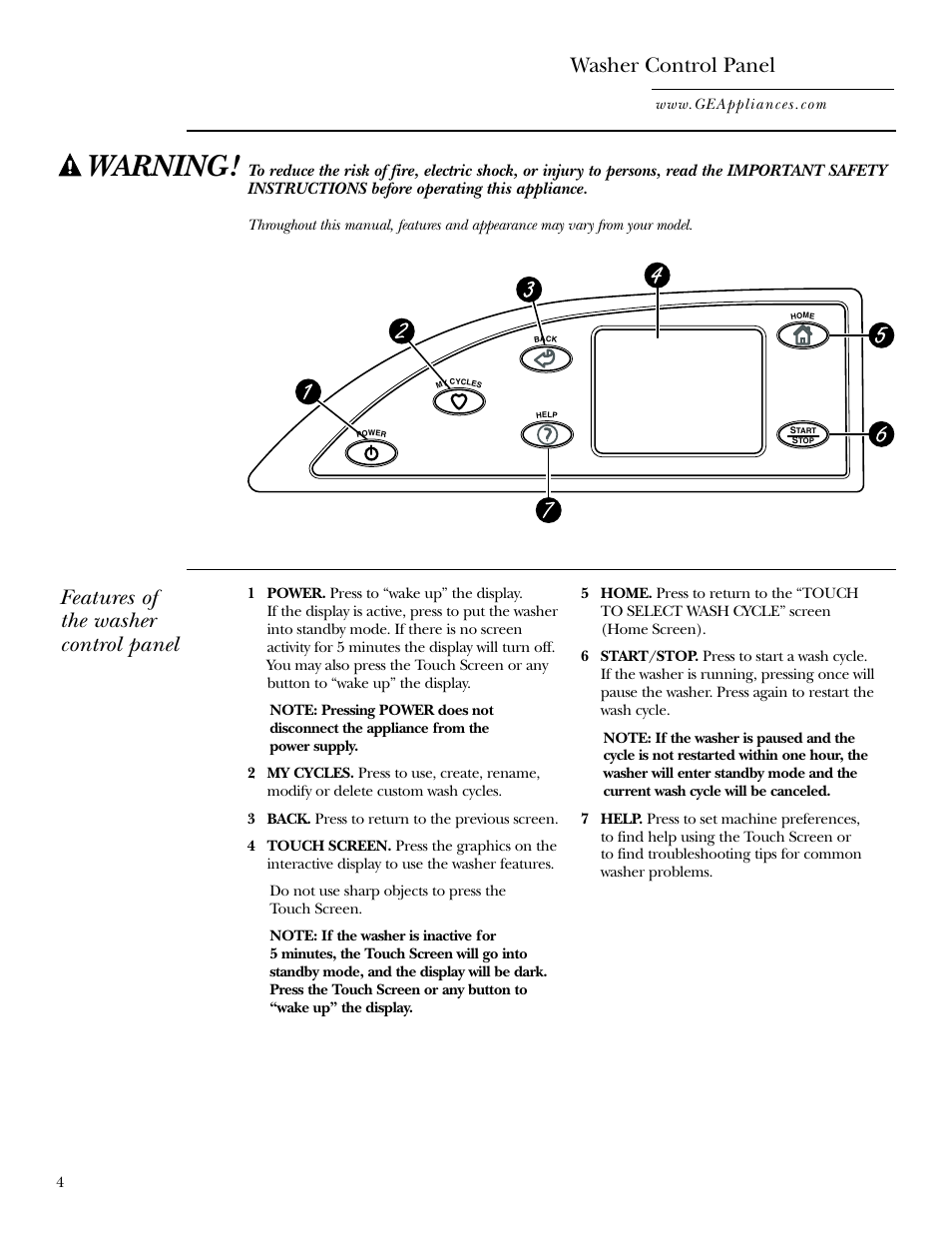 Controls, Warning, Washer control panel | Features of the washer control panel | GE Dryer User Manual | Page 4 / 68