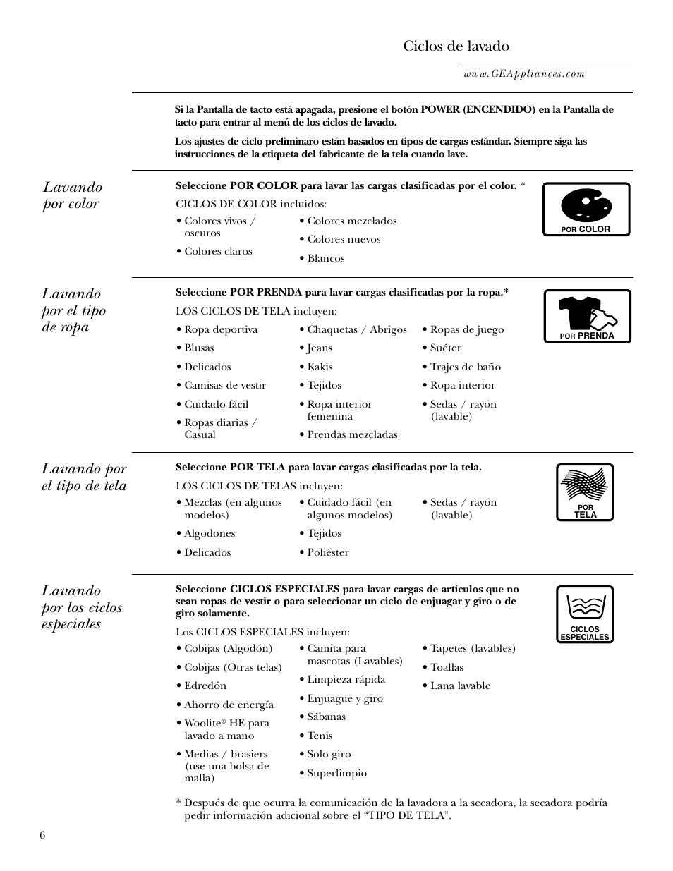 Opciones de ciclo, Ciclos de lavado, Lavando por color | Lavando por el tipo de ropa, Lavando por el tipo de tela, Lavando por los ciclos especiales | GE Dryer User Manual | Page 40 / 68