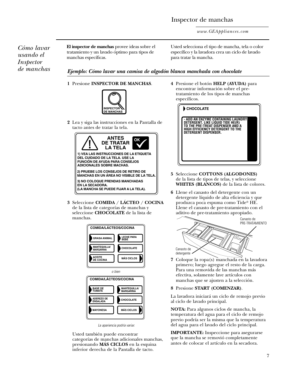Inspector de manchas, Inspector de manchas , 8, Cómo lavar usando el inspector de manchas | GE Dryer User Manual | Page 41 / 68