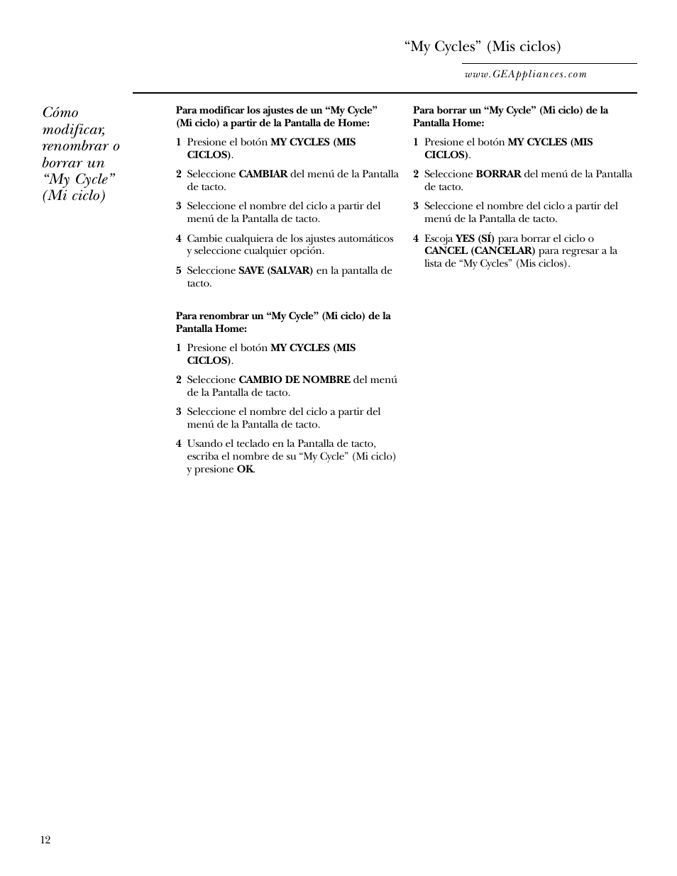 My cycles” (mis ciclos) | GE Dryer User Manual | Page 46 / 68