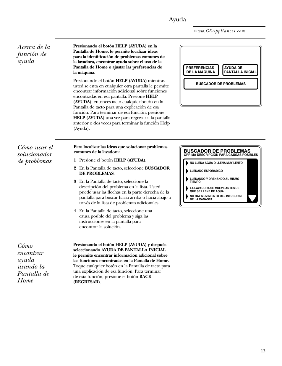 Función de ayuda, Solucionador de problemas, Función de ayuda , 14 | Ayuda, Acerca de la función de ayuda, Cómo usar el solucionador de problemas, Cómo encontrar ayuda usando la pantalla de home | GE Dryer User Manual | Page 47 / 68