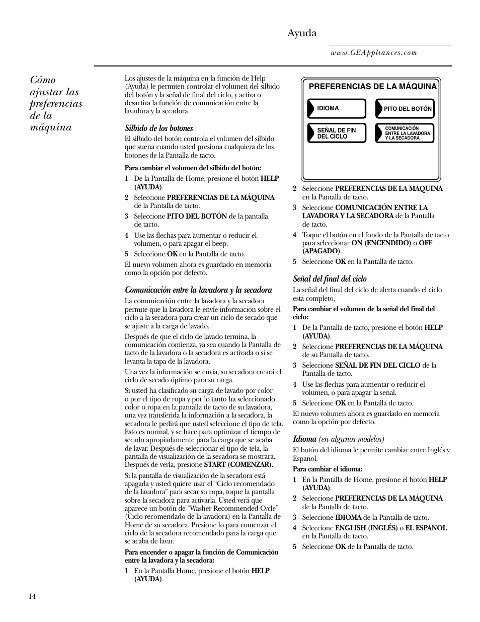 Ayuda, Cómo ajustar las preferencias de la máquina | GE Dryer User Manual | Page 48 / 68