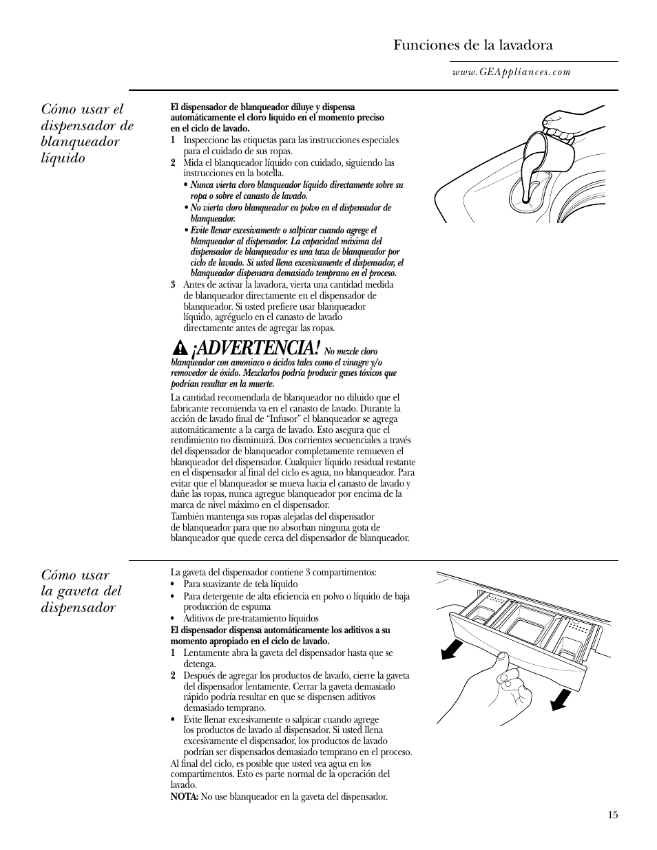 Otras funciones, Otras funciones , 16, Advertencia | Funciones de la lavadora, Cómo usar el dispensador de blanqueador líquido, Cómo usar la gaveta del dispensador | GE Dryer User Manual | Page 49 / 68