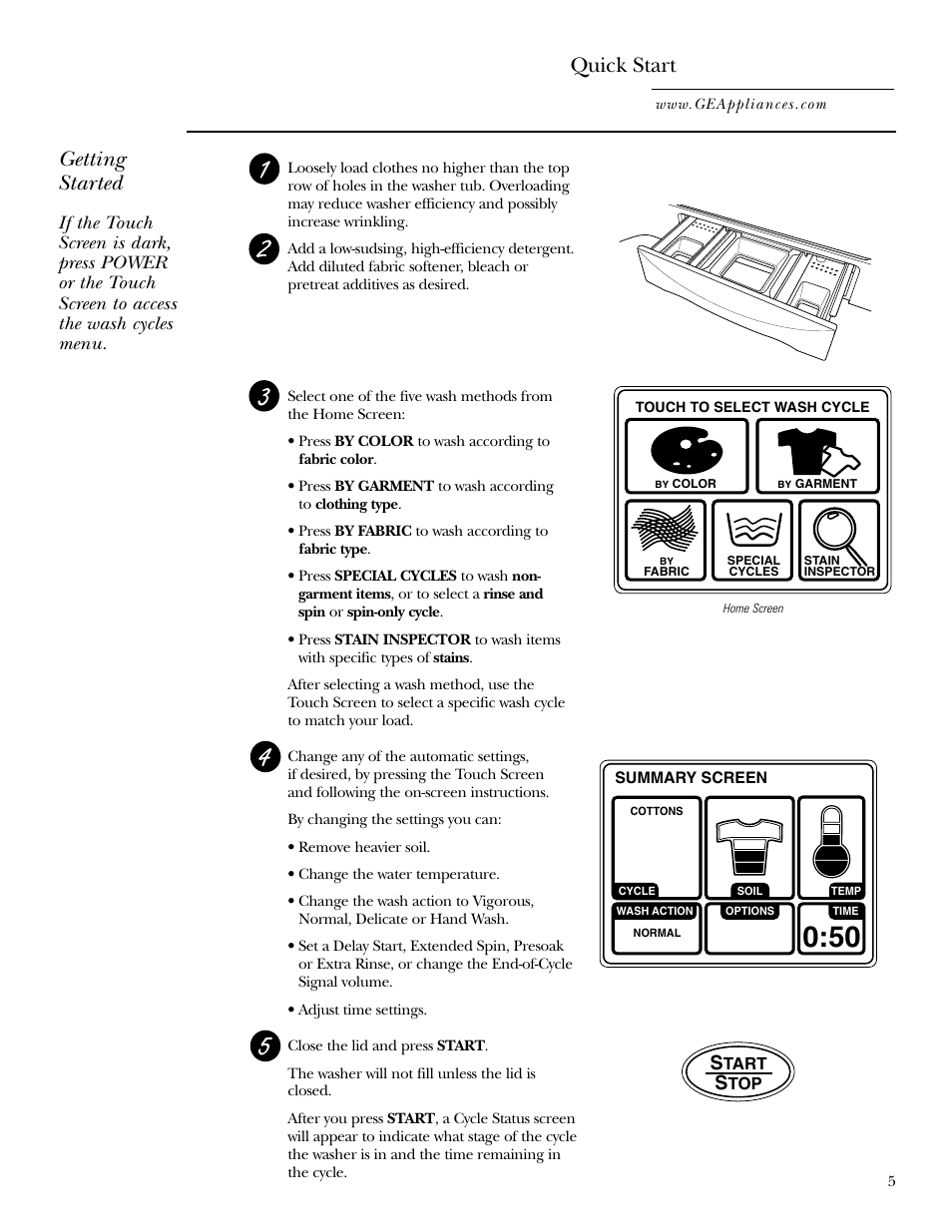 Quick start feature, Quick start, Getting started | GE Dryer User Manual | Page 5 / 68