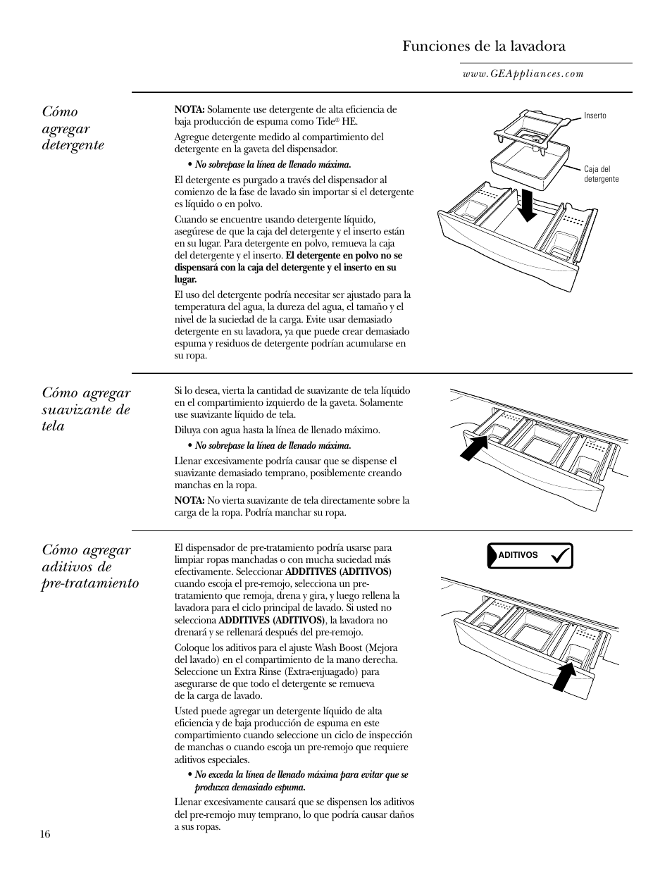 Funciones de la lavadora, Cómo agregar detergente, Cómo agregar suavizante de tela | Cómo agregar aditivos de pre-tratamiento | GE Dryer User Manual | Page 50 / 68